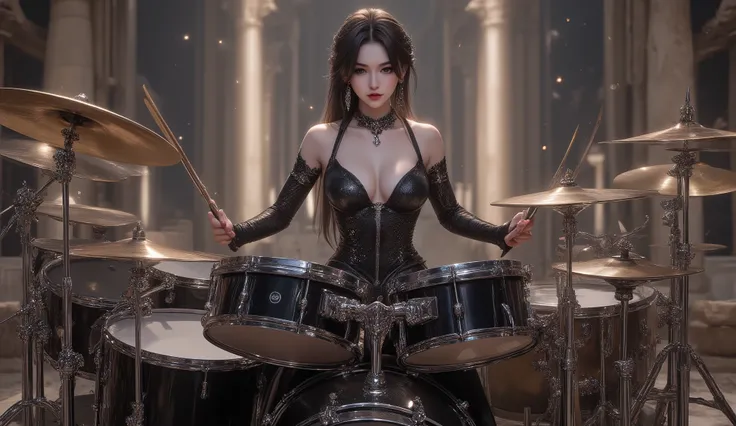ultra detailed, absolutely resolution, masterpiece, a very beautiful female heavy metal drummer, (drum set, with two bass drums, one snare drum, ten toms, a floor tom, and twenty iridescent, plated cymbals of various sizes), wearing their own gothic stage ...