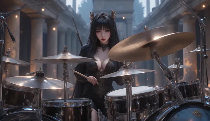 ultra detailed, absolutely resolution, masterpiece, a very beautiful female heavy metal drummer, (drum set, with two bass drums, one snare drum, ten toms, a floor tom, and twenty iridescent, plated cymbals of various sizes), wearing their own gothic stage ...