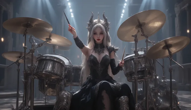 ultra detailed, absolutely resolution, masterpiece, a very beautiful female heavy metal drummer, (drum set, with two bass drums, one snare drum, ten toms, a floor tom, and twenty iridescent, plated cymbals of various sizes), wearing their own gothic stage ...