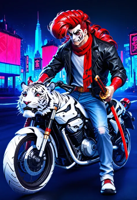 masterpiece, best quality, amazing quality, very awa, absurdres, newest, very aesthetic, 1boy, man, futuristic biker, (neon building backdrop, cyberpunk), ((tiger-themed motorcycle, mech bike, white tiger)), red eyes, red hair, ((pompadour hairstyle, extre...