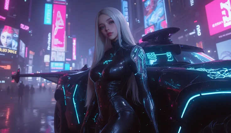 
(Masterpiece), (best quality), ultra-detailed, photorealistic, 8K resolution, cinematic daylight and neon atmosphere

A full-body hyperrealistic cyberpunk portrait of a stunning young gothic woman in a sleek black latex bodysuit, standing in a dramatic po...
