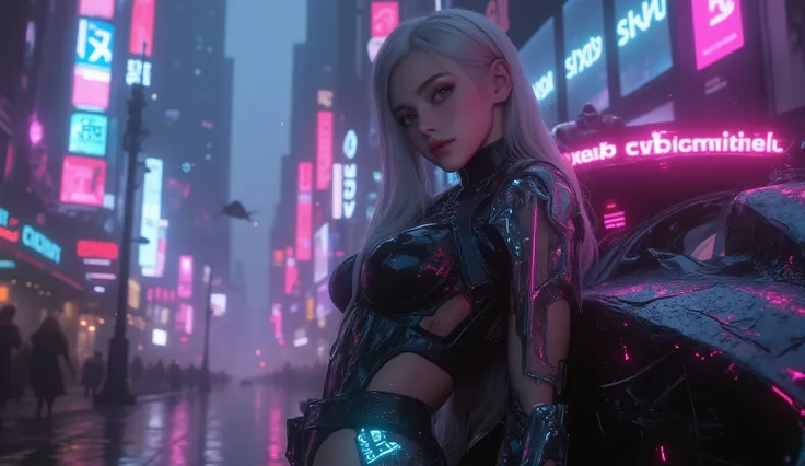 
(Masterpiece), (best quality), ultra-detailed, photorealistic, 8K resolution, cinematic daylight and neon atmosphere

A full-body hyperrealistic cyberpunk portrait of a stunning young gothic woman in a sleek black latex bodysuit, standing in a dramatic po...