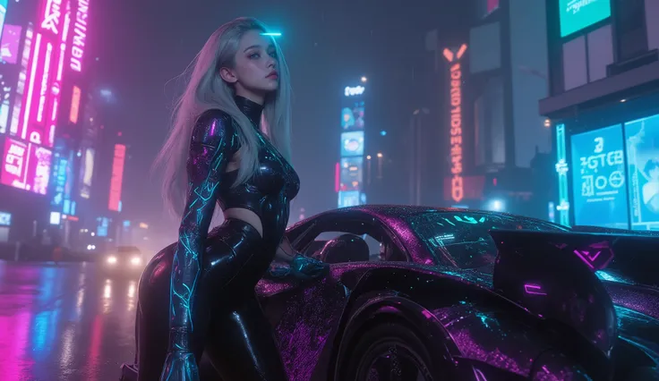 
(Masterpiece), (best quality), ultra-detailed, photorealistic, 8K resolution, cinematic daylight and neon atmosphere

A full-body hyperrealistic cyberpunk portrait of a stunning young gothic woman in a sleek black latex bodysuit, standing in a dramatic po...