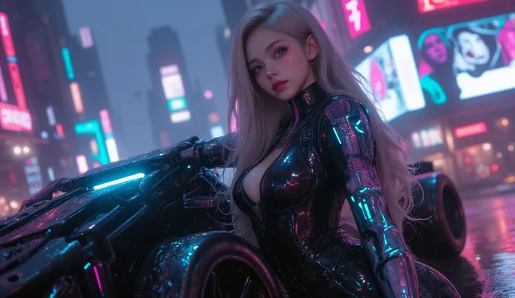 
(Masterpiece), (best quality), ultra-detailed, photorealistic, 8K resolution, cinematic daylight and neon atmosphere

A full-body hyperrealistic cyberpunk portrait of a stunning young gothic woman in a sleek black latex bodysuit, standing in a dramatic po...