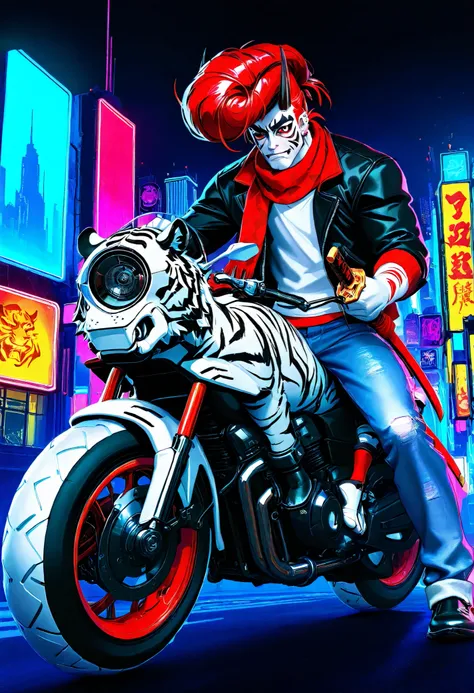 masterpiece, best quality, amazing quality, very awa, absurdres, newest, very aesthetic, 1boy, man, futuristic biker, (neon building backdrop, cyberpunk), ((tiger-themed motorcycle, mech bike, white tiger)), red eyes, red hair, ((pompadour hairstyle, extre...