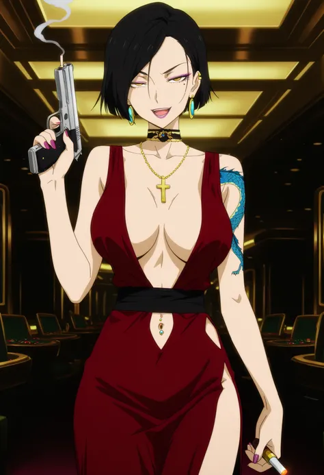 masterpiece, best quality, amazing quality,, aria sanka, short hair, , black hair, mole, mole under eye, makeup, mature female,, anime screencap, dress, jewelry, earrings, necklace, no bra, red dress, lipstick, collarbone,, slooking at viewer, holding, h...