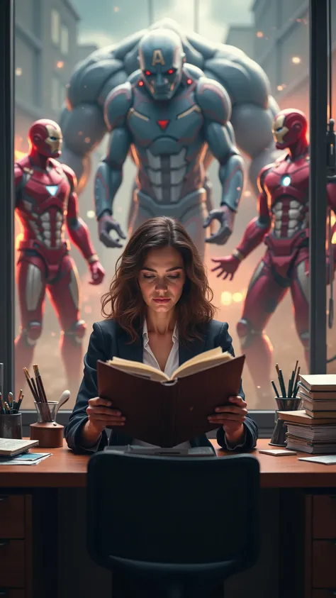 high-definition images、机で本を読んでる女性の横で、Avengers line up and fight enemy monsters next to a woman reading a book at her desk, but the woman doesn't care