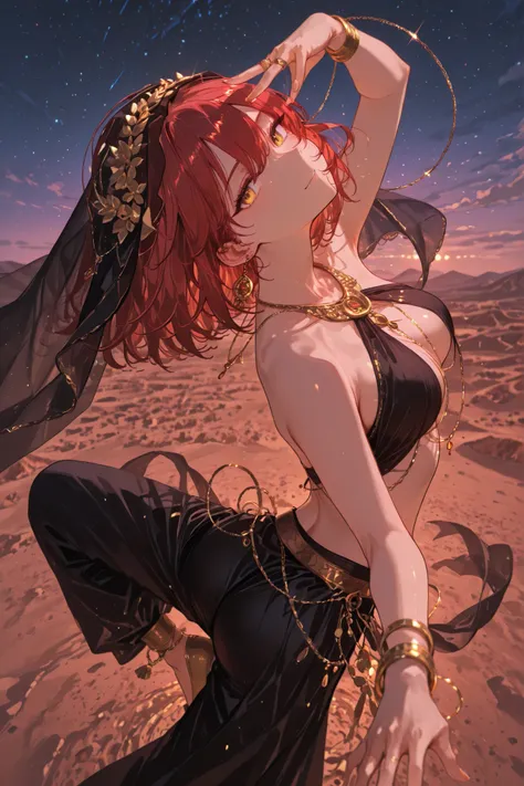 high quality, masterpiece, ultra-detailed, anime illustration, oriental dancer(girl), female character, facing the viewer, golden eyes, Extraordinarily long red hair, (coccyx hair, Hair is almost red in flame color with shades of yellow and orange), hair f...