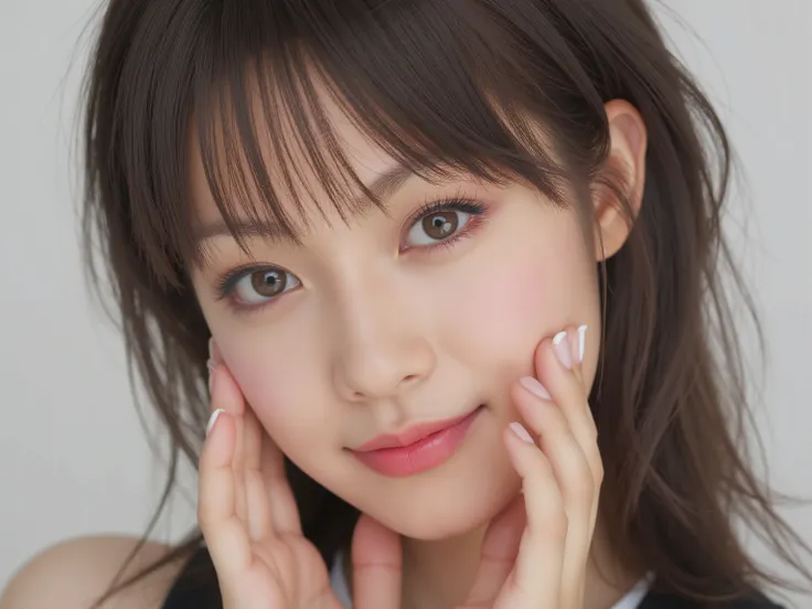 (Refined from an old photo, recreated in a modern, ultra high-quality photorealistic style, with a trendy Reiwa-era hairstyle: soft semi-long hair with natural waves and airy see-through bangs), 
Ultra photorealistic close-up portrait of a beautiful Japane...