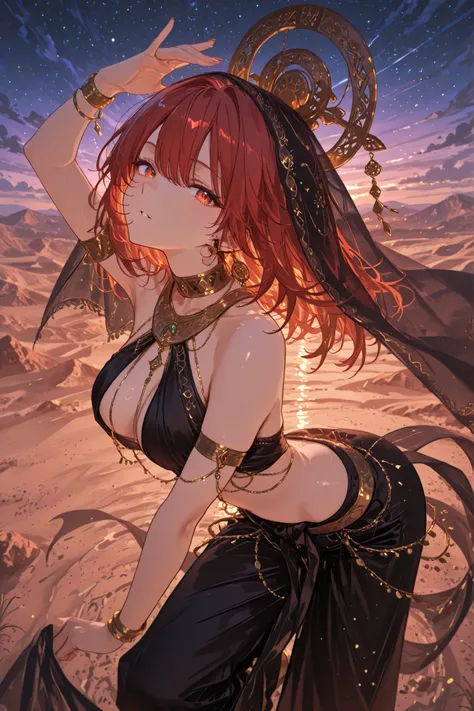 high quality, masterpiece, ultra-detailed, anime illustration, oriental dancer(girl), female character, facing the viewer, Extraordinarily long red hair, (coccyx hair, Hair is almost red in flame color with shades of yellow and orange), hair flutters on a ...