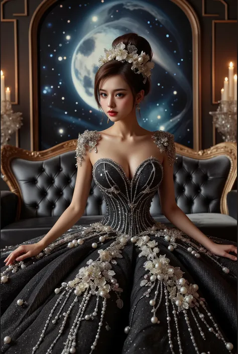 A beautiful Asian idol girl with white skin, douyin-style makeup face, eyelashes, With fake giant breasts, blue eyes, wearing a tight strapless dress that presses the breasts, with a sexy and slim body, a small waist, glass effect on the dress, sitting in ...