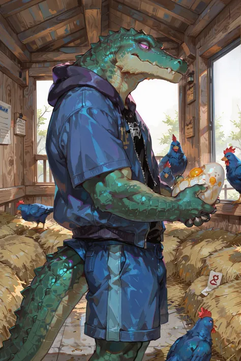 masterpiece, best quality, 8K resolution, HDR, sharp focus, vibrant colors, anime cel-shading style, semi-realistic anime with detailed furry features, a muscular male crocodile anthropomorphic character with purple eyes, wearing a blue short-sleeved jacke...