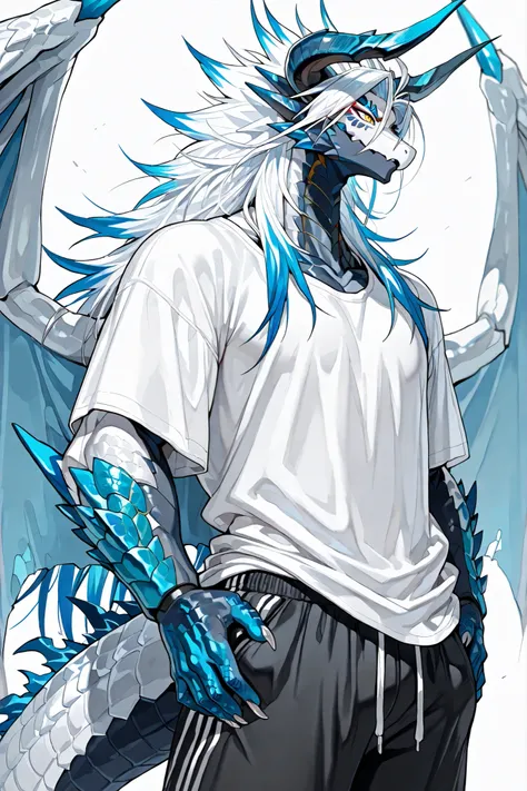 dragon, solo, male focus, white body, blue details, muscular, cybernetic implants, half robot, white hair with blue tips, maine, long hair, detailed hair, long face, horns, blue spikes, dragon boy, tail, large wings, yellow eyes, eye shadow, eyeliner, make...