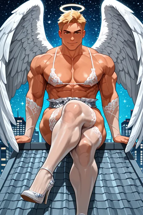 Athletic man, old man, angel man, very short hair, blond hair, brown eyes, white lace microbra, man wearing a white lace gatherbelt, white lace thigh highs, white high heels, detailed facial features, intense gaze, muscular physique,1 man, beautiful starry...