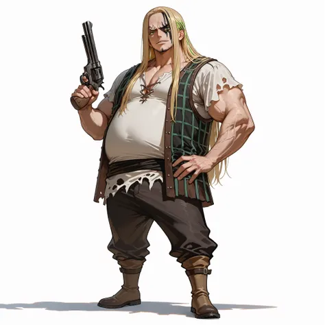 (male), (man), (muscle), (long straight hair), (blonde hair), (green eyes), (bandit face), (solo), (single character), (full body version), (white background), (no background), (highly detailed), (shadow), (standing pose), (natural light), (detailed outfit...