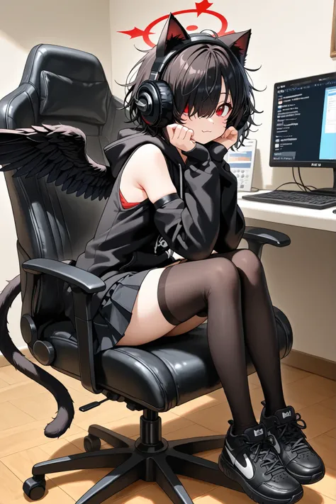 ,headphones, animal ears,Right eye hidden, anime style, huge anime eyes, detailed character, cute face, short hair, hair over right eye, short black messy hair, black stylish hoodie, detached sleeves, black pleated skirt, thigh high stockings, black sneake...