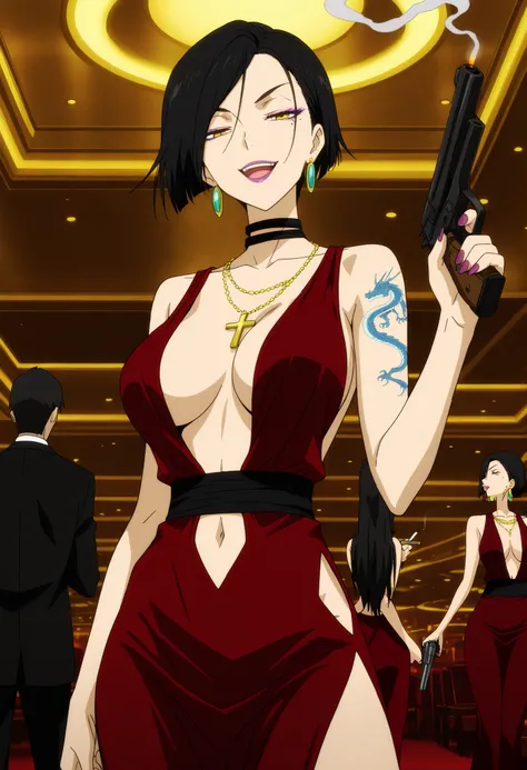masterpiece, best quality, amazing quality,, aria sanka, short hair, , black hair, mole, mole under eye, makeup, mature female,, anime screencap, dress, jewelry, earrings, necklace, no bra, red dress, lipstick, collarbone,, slooking at viewer, holding, h...