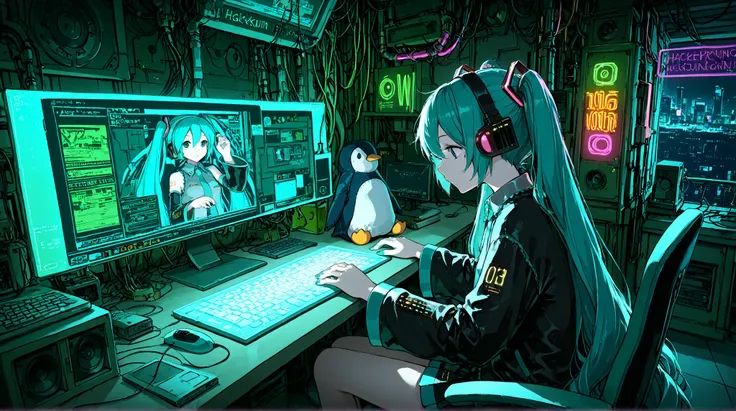 Hatsune Miku,Megurine Luka, headphones over green,hacker,sit at the desk,while working on a computer,neon light,Cinematic,cyberpunk,stuffed penguin