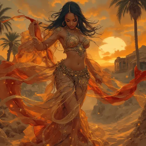 big breasts,aidmafluxpro1.1,helen wells,Sunset in the Desert、orange sky、passionate belly dancer、curvy、Sensual Movements、Luxurious Outfit、Jeweled Bra Top、Flowing Skirt、Gold Ornaments、Sheer Outfit、Red cloth、desert caravan、Camel、palm tree、 oasis、Dune Scenery、...