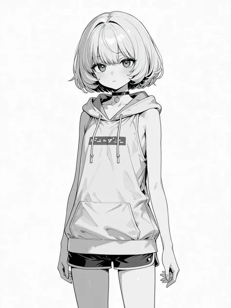 monochrome　Grayscale　white background　short hair　large sleeveless hoodie　shorts　choker　girls　flat chest