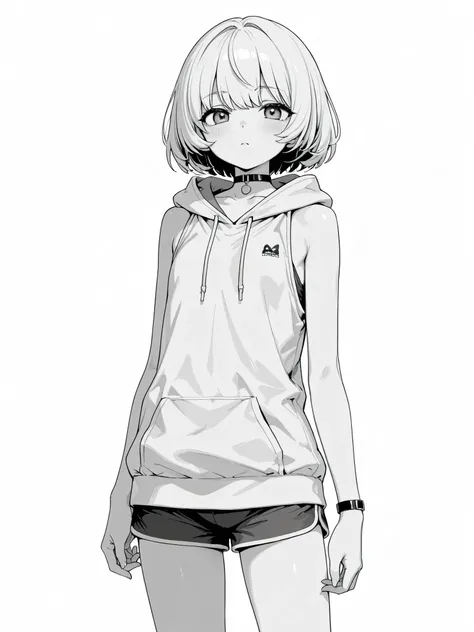 monochrome　Grayscale　white background　short hair　large sleeveless hoodie　shorts　choker　girls　flat chest