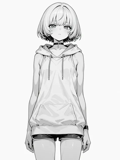 monochrome　Grayscale　white background　short hair　large sleeveless hoodie　shorts　choker　girls　flat chest