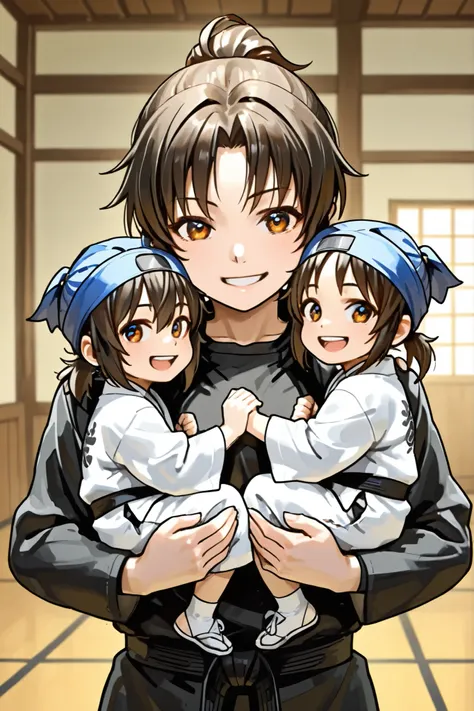 5 child-like ninjas、female ninjas are shoulder-carrying、Smiling Child、Japanese martial arts dojo