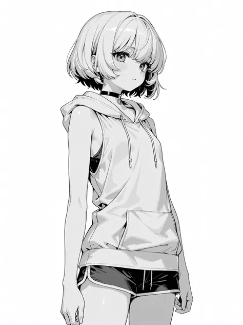 monochrome　Grayscale　white background　short hair　large sleeveless hoodie　shorts　choker　girls　flat chest　as seen from the side　Right beside