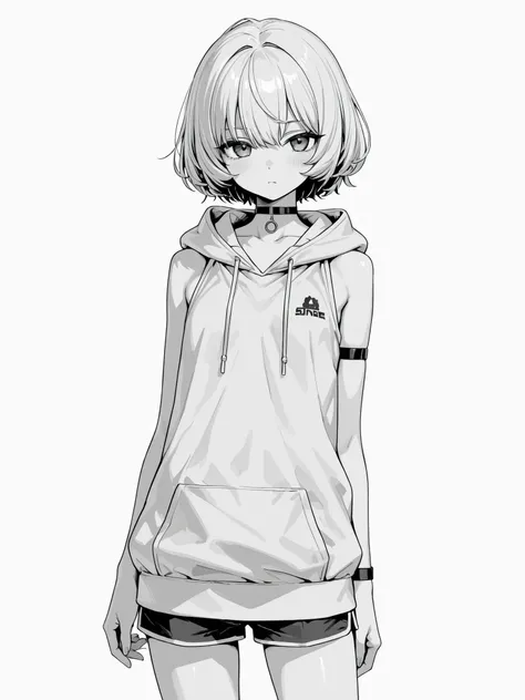 monochrome　Grayscale　white background　short hair　large sleeveless hoodie　shorts　choker　girls　flat chest　as seen from the side　Right beside