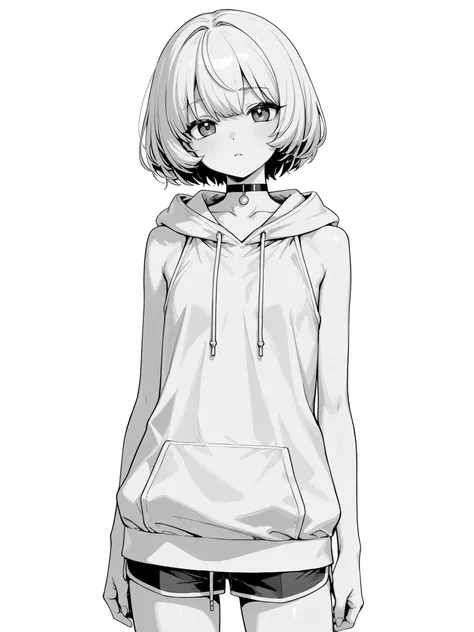 monochrome　Grayscale　white background　short hair　large sleeveless hoodie　shorts　choker　girls　flat chest　as seen from the side　Right beside