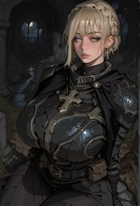 NeedleKnightLeda, blue eyes, blonde hair, bangs, crown braid, black plate armor, black cape, black breastplate, Knight, black gloves, black gauntlets, black shoulder armor, black pants, cross necklace, cross earrings, long gloves, black light armor, black ...