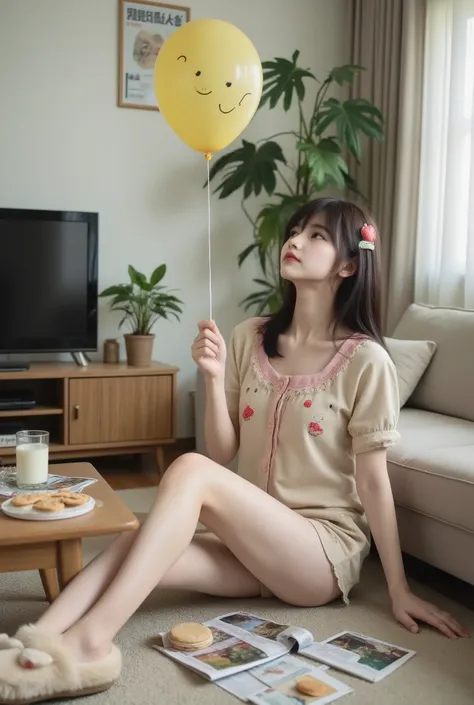 (((best quality))),(((ultra detailed))),(((masterpiece))),realistic,A girl,sitting on the living room carpet, wearing beige teddy bear pajamas with pink lace, printed strawberries, rabbit slippers, straight black hair, pinned on a strawberry clip, looking ...
