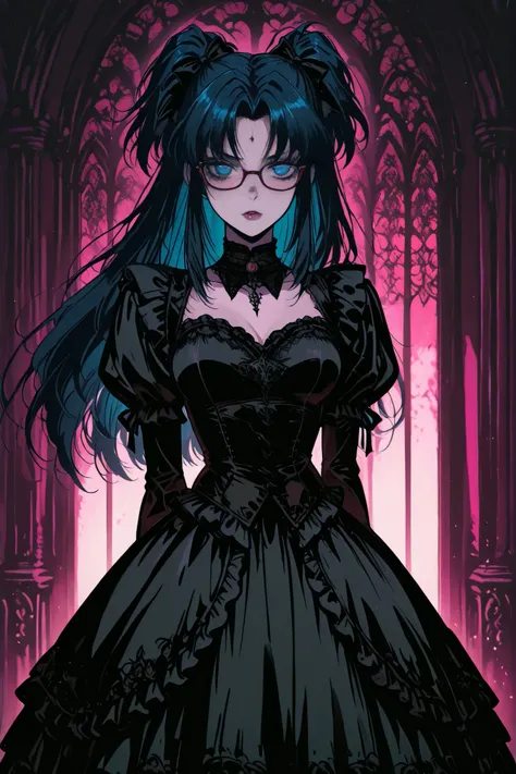 g0th1cpnk,Gothic,goth,The image shows a female anime character, with stylized features and vibrant colors, dressed in a gothic maid costume. She has dark hair, blue eyes and wears red glasses.
