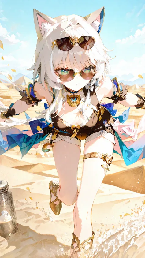 cinematic animation-style illustration in (Anmi:1.2) and GAOU, lightly washed-out colors, Honkai tar Rail aesthetic. /k.s†
A catgirl rock dancer with hort white hair, layered veils, golden ornaments, and sunglasses-style accessory, captured mid-jump above ...
