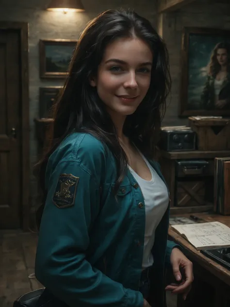 Brunette long hair, young, smile , super green eyes, white pale skin, ((Jennifer Connelly)), portrait, casual Blue jeans, white t-shirt, green militar bomber jacket, (Shy), elegant, gorgeous face, wood room of hut house, High detail RAW colored art, (detai...