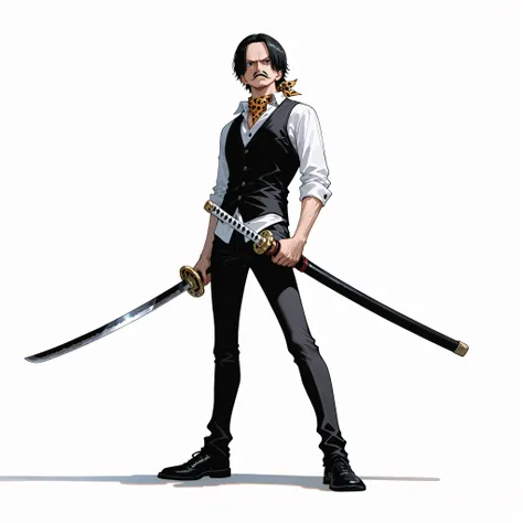 (male), (old man), (short black hair), (mustache), (black eyes), (serious face), (standing pose), (solo), (single character), (full body version), (white background), (no background), (highly detailed), (shadow), (natural light), (detailed outfit), (detail...