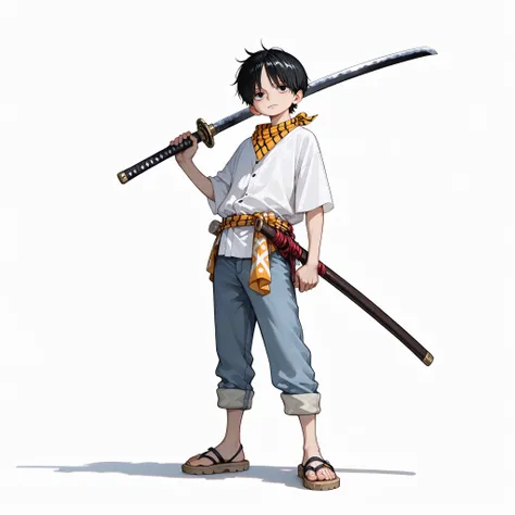 (male), (teenager), (short black hair), (black eyes), (calm face), (standing pose), (solo), (single character), (full body version), (white background), (no background), (highly detailed), (shadow), (natural light), (detailed outfit), (detailed hand), (det...
