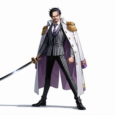 (male), (old man), (short black hair), (mustache), (black eyes), (serious face), (standing pose), (solo), (single character), (full body version), (white background), (no background), (highly detailed), (shadow), (natural light), (detailed outfit), (detail...