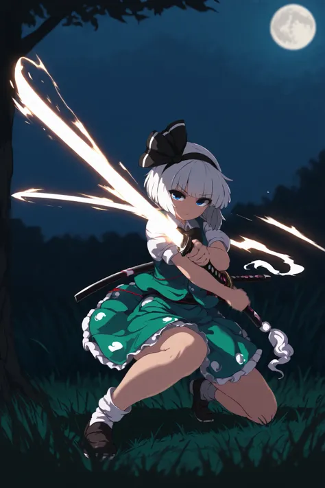 748cmstyle,masterpiece,best quality,amazing quality,ultra-hd,very aesthetic,8k,high detail,blurred background,depth of field,(under the shade, night, moon, moonlight, grass),1girl,solo,konpaku youmu,sakura,((one handed katana, sword flash, swordplay, slash...