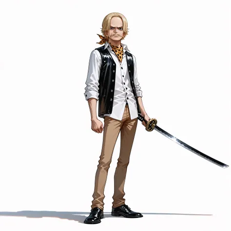 (male), (old man), (short blonde hair), (mustache), (black eyes), (serious face), (standing pose), (solo), (single character), (full body version), (white background), (no background), (highly detailed), (shadow), (natural light), (detailed outfit), (detai...