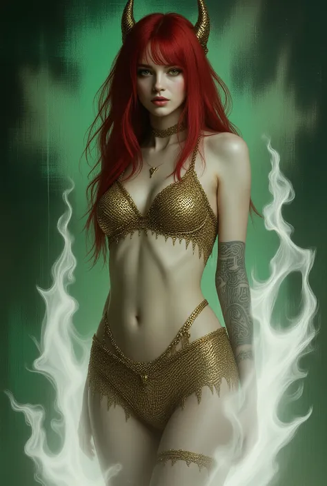 I want to create a tableau dedicated to portraying Lilith, queen of demons, first wife of Adam, first succubus. masterpiece. best quality. Full body shot, Aesthetic pose, wearing an ornate gold bikini made of chainmail, artistic background abstract, infe...