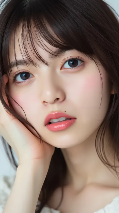 1girl, cute face, beautiful face, (perfectly detailed face), face focus,((looking at viewer、highlighting the beauty of her
collarbone, snow-white and delicate skin, a sweet and elegant expressionlooking sleepily with soft seductive gaze)), Simple Backgro...