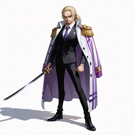 (male), (old man), (short blonde hair, ponytail), (mustache), (black eyes), (serious face), (standing pose), (solo), (single character), (full body version), (white background), (no background), (highly detailed), (shadow), (natural light), (detailed outfi...