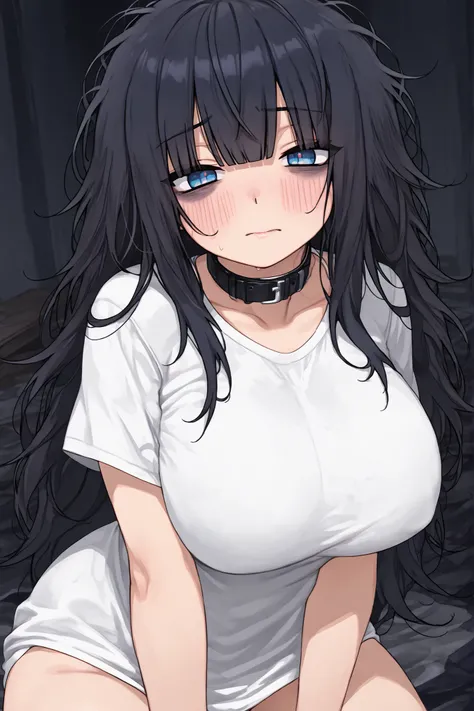 1girl, solo, anime girl, best_quality, detailed_background, big breasts, milf, messy hair, black hair, blue eyes, dark bangs under eyes, long white t-shirt, black collar, shy, dark messy room