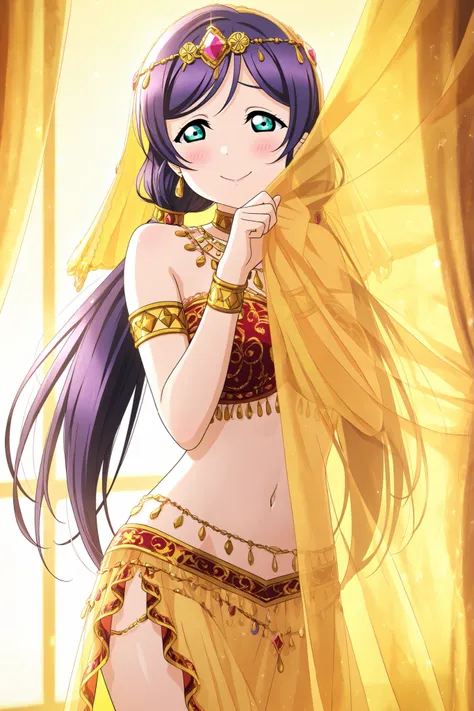 Love Live official artwork,professional art, highres, hdr, glossy shiny skin, shiny silky hair, soft lighting from right ,detailed clothing, vibrant colors, cowboy shot,toujo nozomi,indoors, exotic setting, arabesque patterns, oriental dancer, belly dancer...