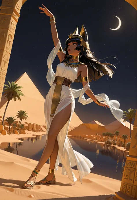 masterpiece, best quality, ultra-detailed, very aesthetic, absurdres, solo, hieroglyphics, ancient egyptian, dark skin, black hime cut, gold headdress, red eyeshadows, red lips, white sleeveless dress, white see-through shawl, brown belt, gold hoop earring...