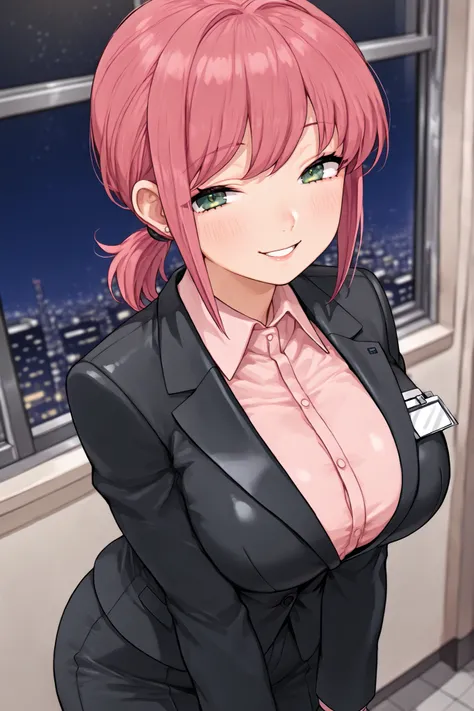 1girl, solo, anime girl, best_quality, detailed_background, big breasts, milf, short hair, ponytail, pink hair, green eyes, secretary suit, smiling