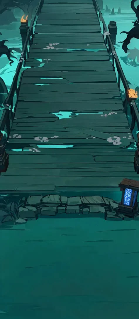 There is a long wooden bridge spanning the water surface, with abandoned Chinese style cartoon buildings in the background, a dark blue and white background, a 2D game cartoon scene style, a dark game background, a wooden plank bridge, an arena background,...