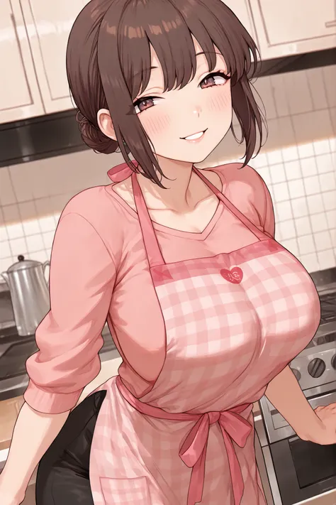 1girl, solo, anime girl, best_quality, detailed_background, big breasts, milf, short hair, brown hair, brown eyes, smiling, pink apron