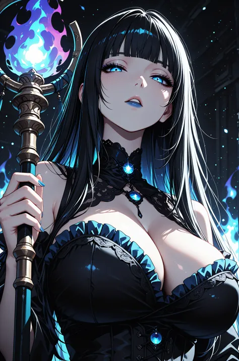 (masterpiece, best quality), safe, amazing quality, very aesthetic, absurdres, highres, newest, HDR, 8K, high detail RAW color art, large pupil, eyelashes, 1girl, solo, black hair, blue eyes, long hair, blunt bangs, parted lips, blue lipsick, half-closed e...